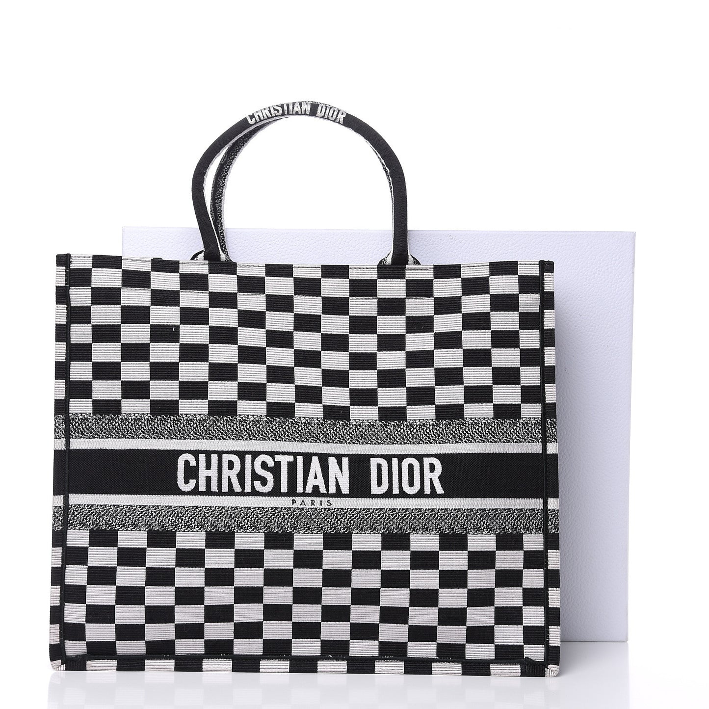 Canvas Embroidered Checkered Book Tote Black White