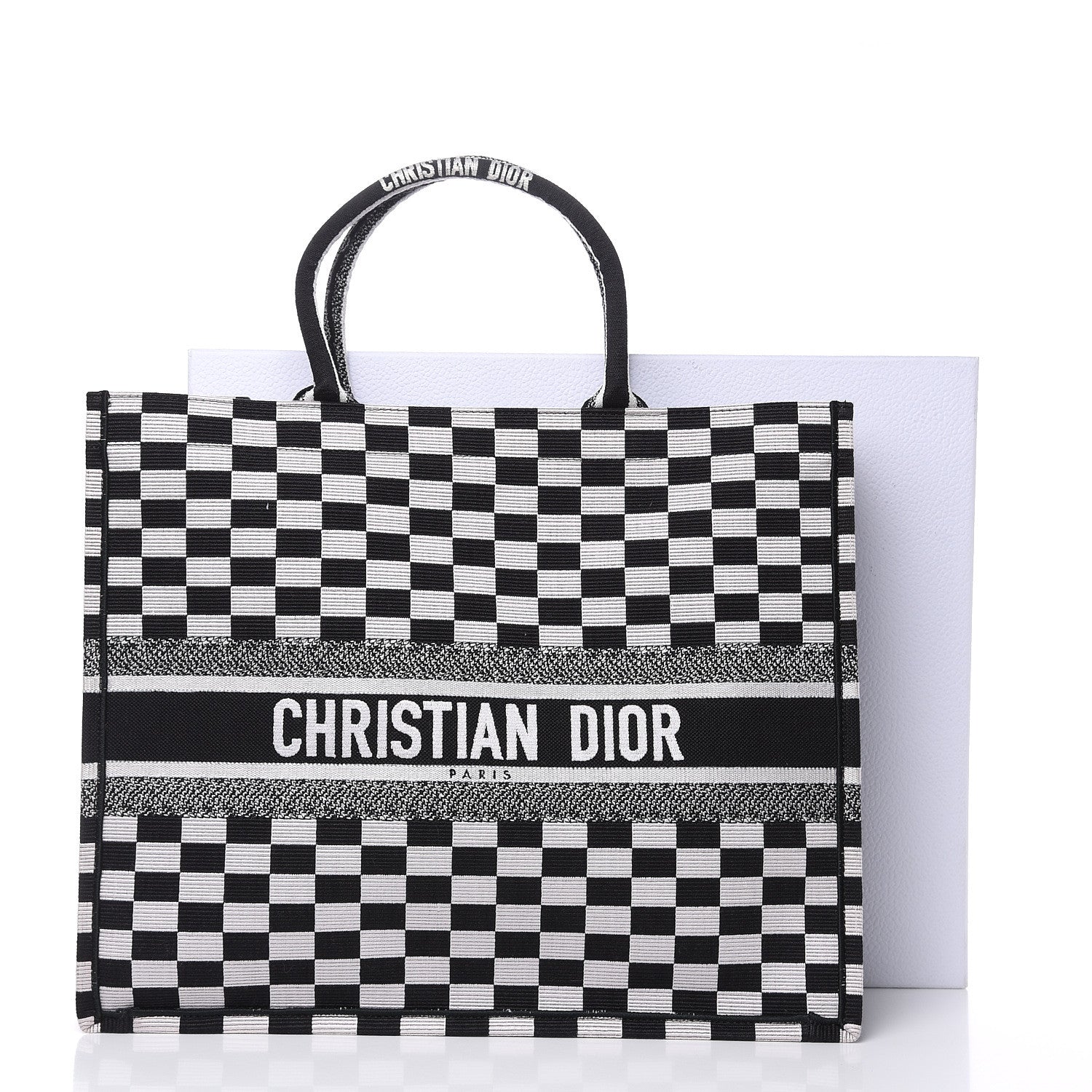 Christian Dior Canvas Embroidered Checkered Book Tote Black White 13 of 13