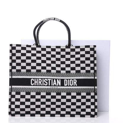 Christian Dior Canvas Embroidered Checkered Book Tote Black White 13 of 13