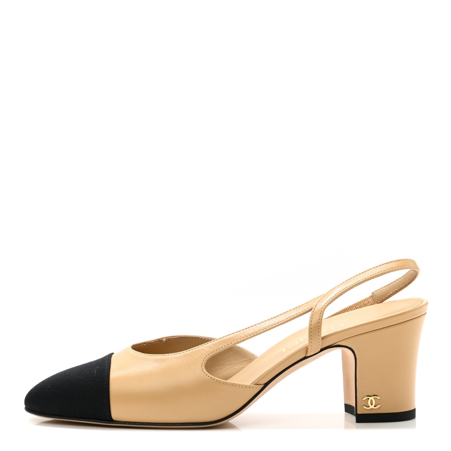 Goatskin Grosgrain Cap Toe CC Slingback Pumps 38 Beige Black