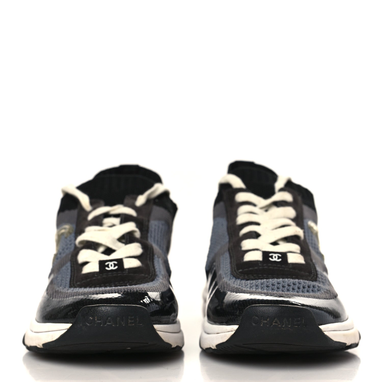 Chanel Fabric Suede Calfskin Womens CC Sneakers 39 Black Grey 2 of 7
