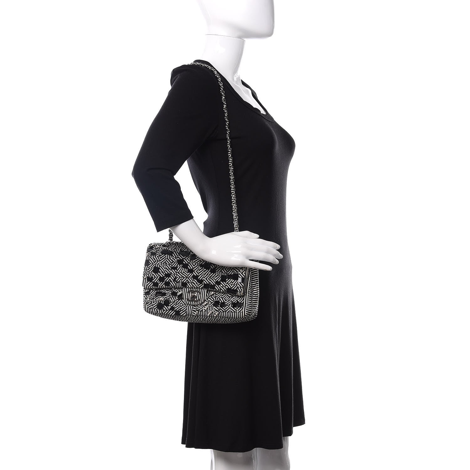 Chanel Canvas Sequin Stripe Medium Double Flap Black White 2 of 11