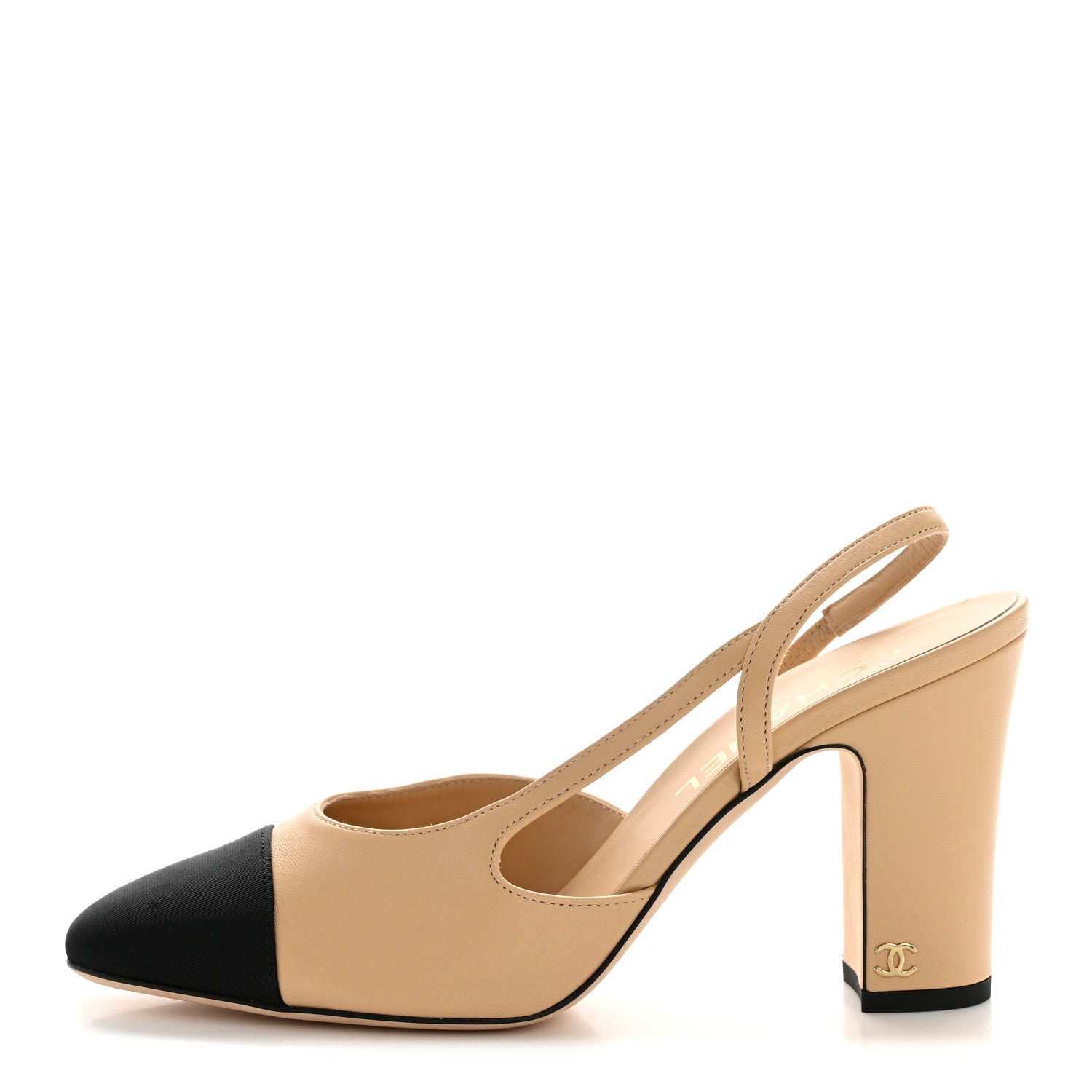 Chanel Goatskin Grosgrain Cap Toe CC Slingback Pumps 38.5 Beige Black 1 of 9