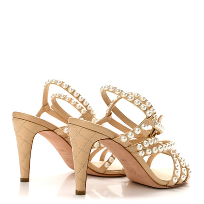 Chanel Goatskin Quilted Pearl Sandals 38.5 Beige 5 of 9