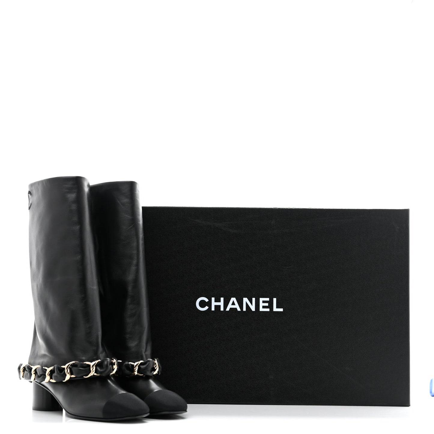 Lambskin Grosgrain Cap Toe Chain High Boots  39.5 Black