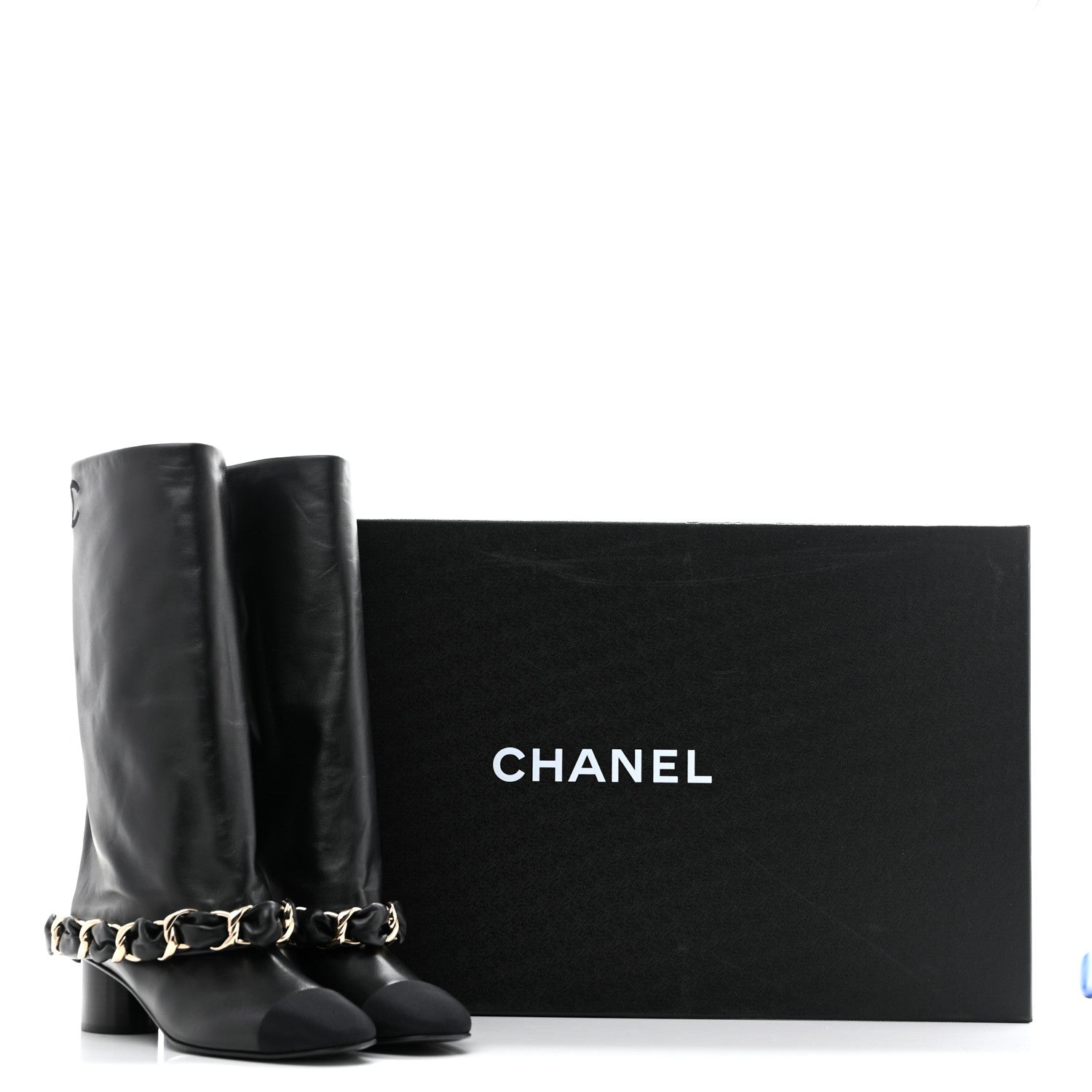 Chanel Lambskin Grosgrain Cap Toe Chain High Boots  39.5 Black 9 of 9