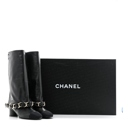 Chanel Lambskin Grosgrain Cap Toe Chain High Boots  39.5 Black 9 of 9