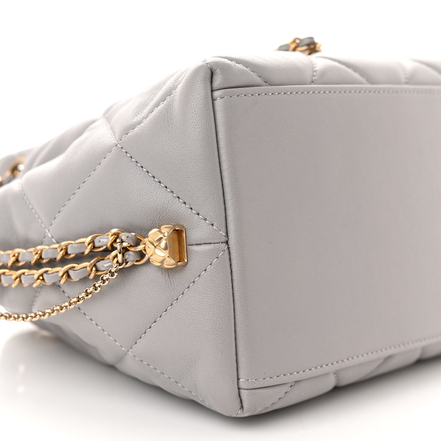 Lambskin Quilted Crush on Chains Drawstring Bucket Bag Hobo Grey