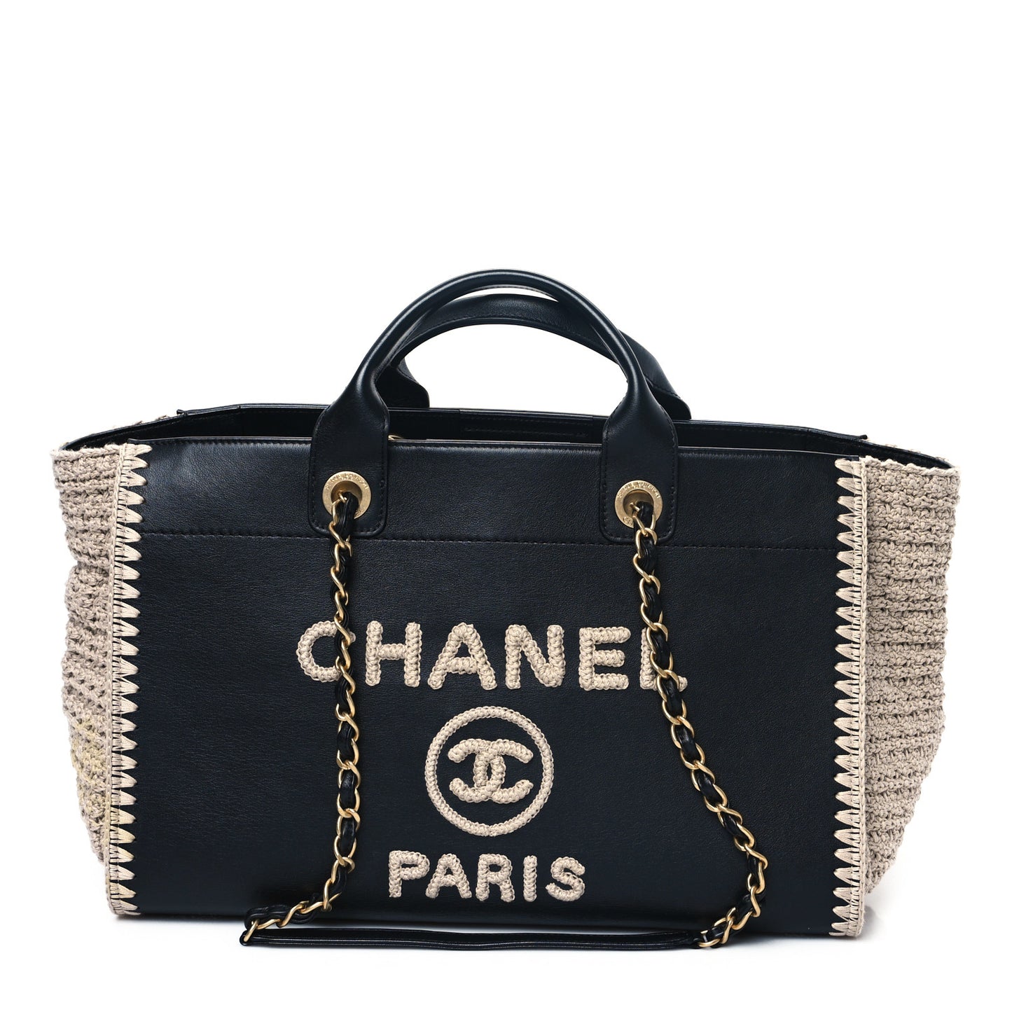 Calfskin Knit Medium Deauville Tote Black Beige