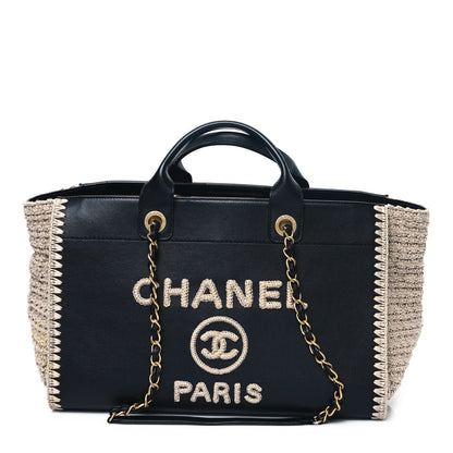 Chanel Calfskin Knit Medium Deauville Tote Black Beige 1 of 12