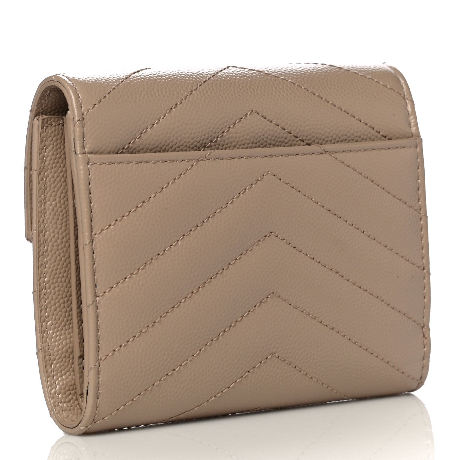 Saint Laurent Grain De Poudre Matelasse Chevron Monogram Compact Tri Fold Wallet Dark Beige 3 of 13