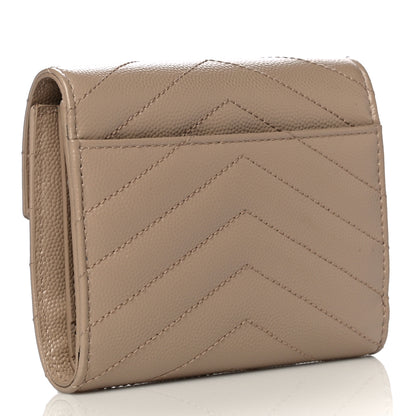 Saint Laurent Grain De Poudre Matelasse Chevron Monogram Compact Tri Fold Wallet Dark Beige 3 of 13