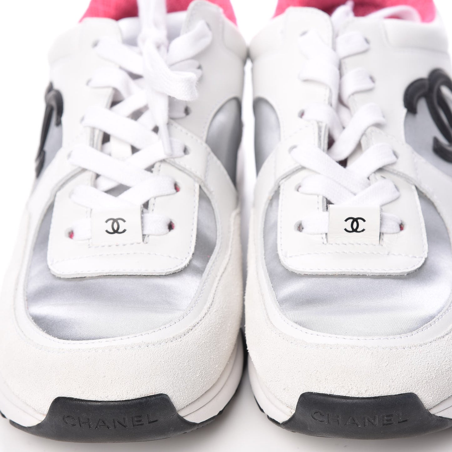 Calfskin Fabric Sneakers 38 White Silver Fluo Pink