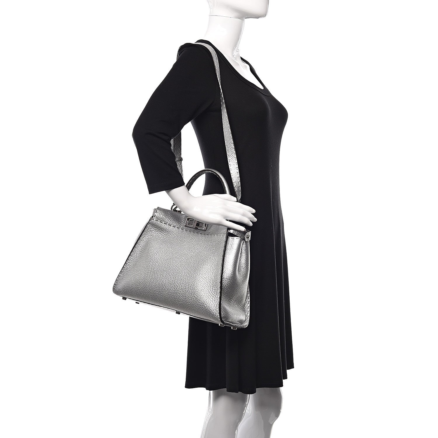 Fendi Cuoio Romano Lux Selleria Medium Peekaboo Iconic Satchel Argento 2 of 11