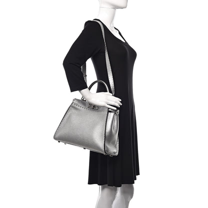 Fendi Cuoio Romano Lux Selleria Medium Peekaboo Iconic Satchel Argento 2 of 11