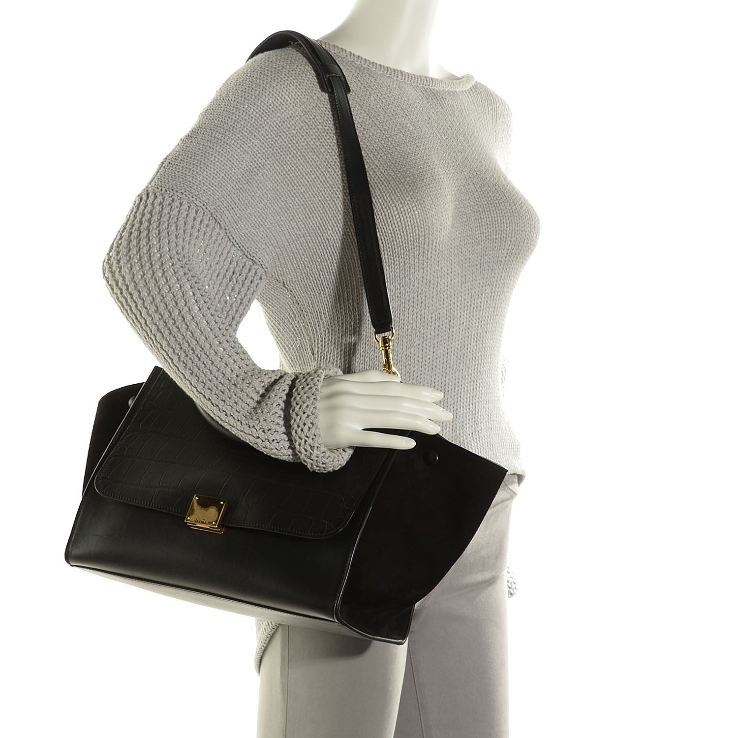 Celine Crocodile Embossed Calfskin Medium Trapeze Black 2 of 9