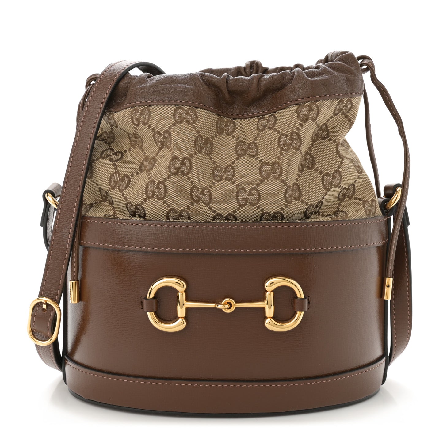 Monogram Textured Calfskin Horsebit 1955 Drawstring Bucket Bag Beige Brown Sugar