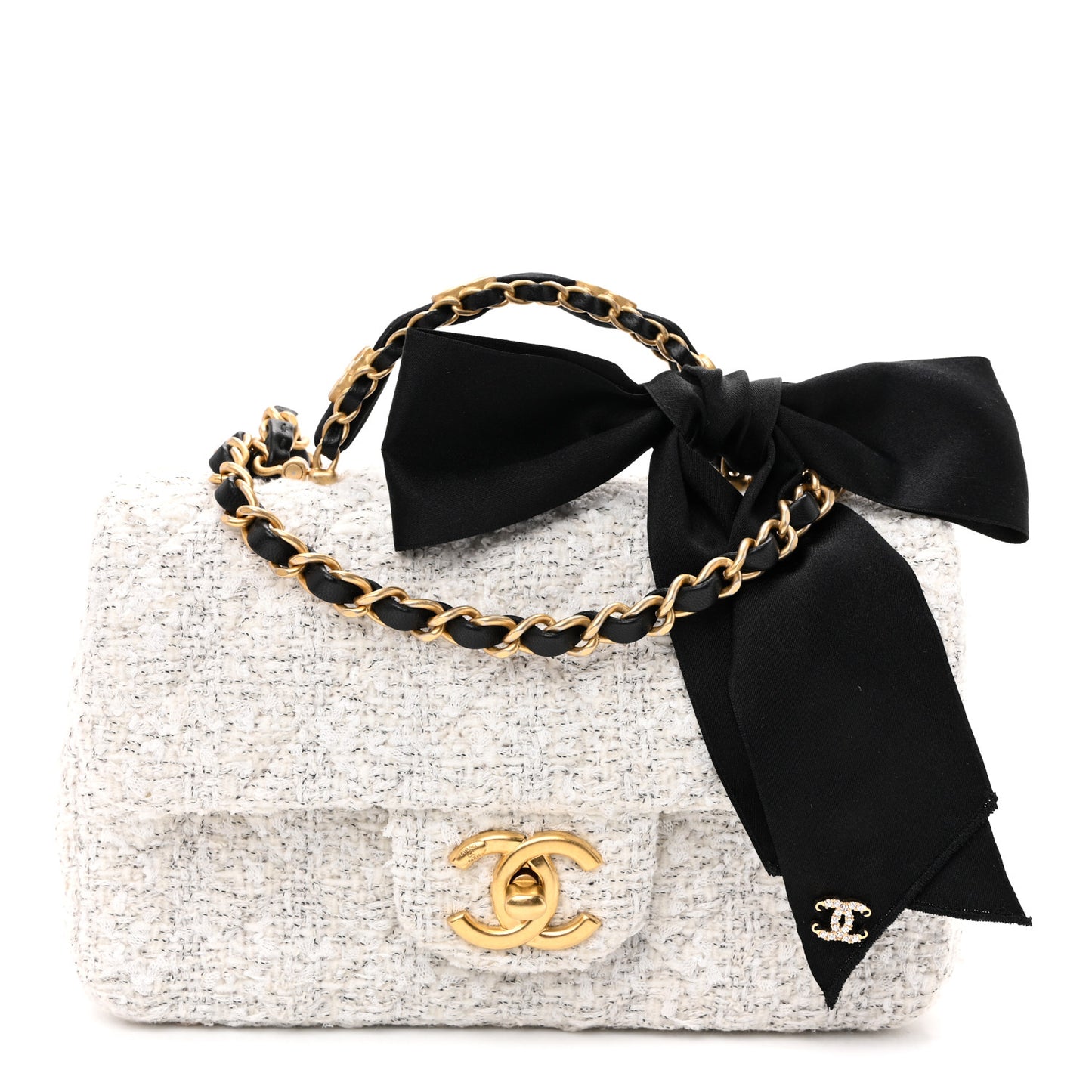 Tweed Quilted Mini Bow Top Handle Rectangular Flap White Black
