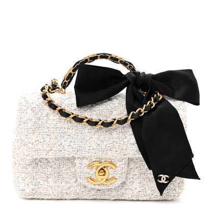 Chanel Tweed Quilted Mini Bow Top Handle Rectangular Flap White Black 1 of 9