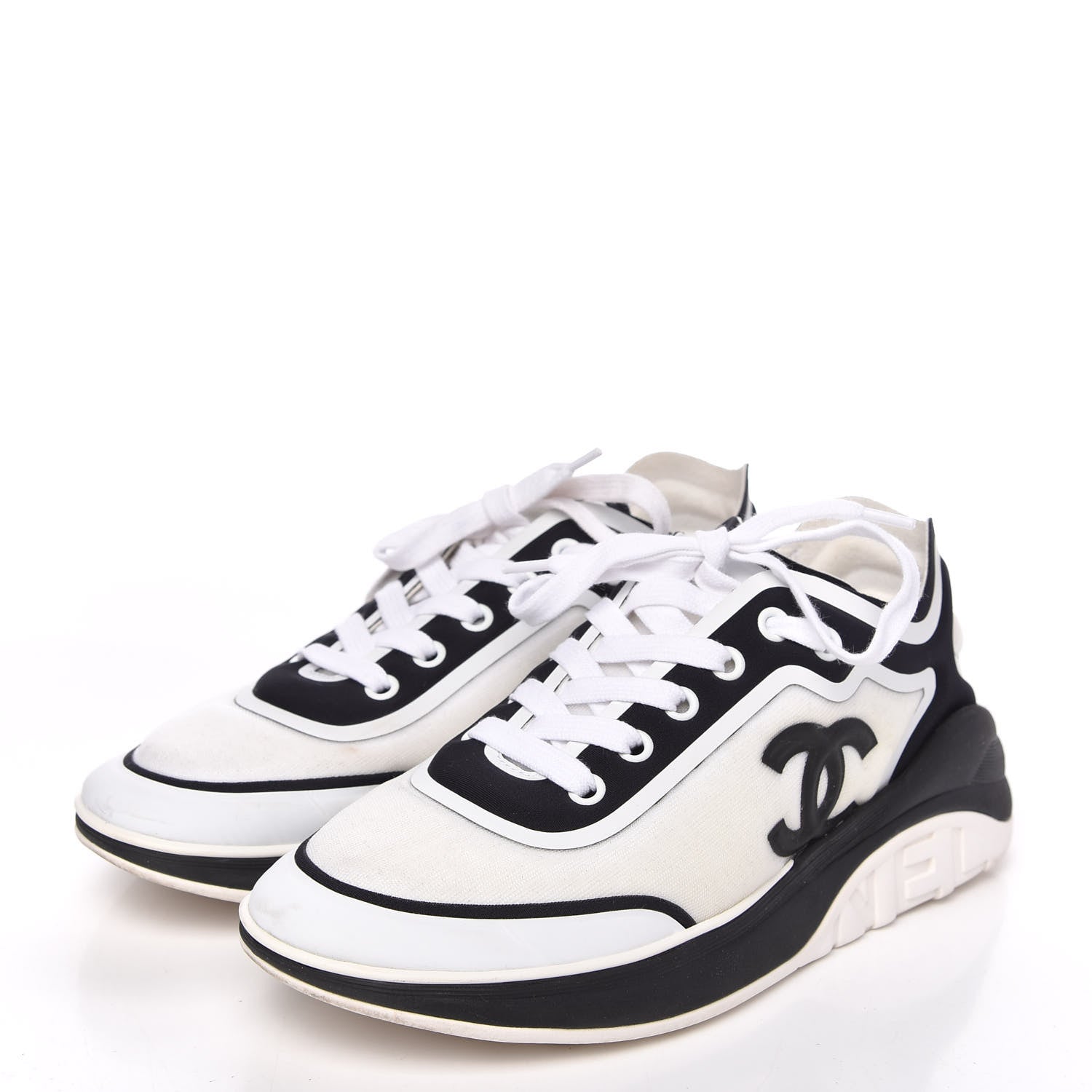 Chanel Nylon Calfskin Suede Womens CC Sneakers 36.5 White Black 3 of 7