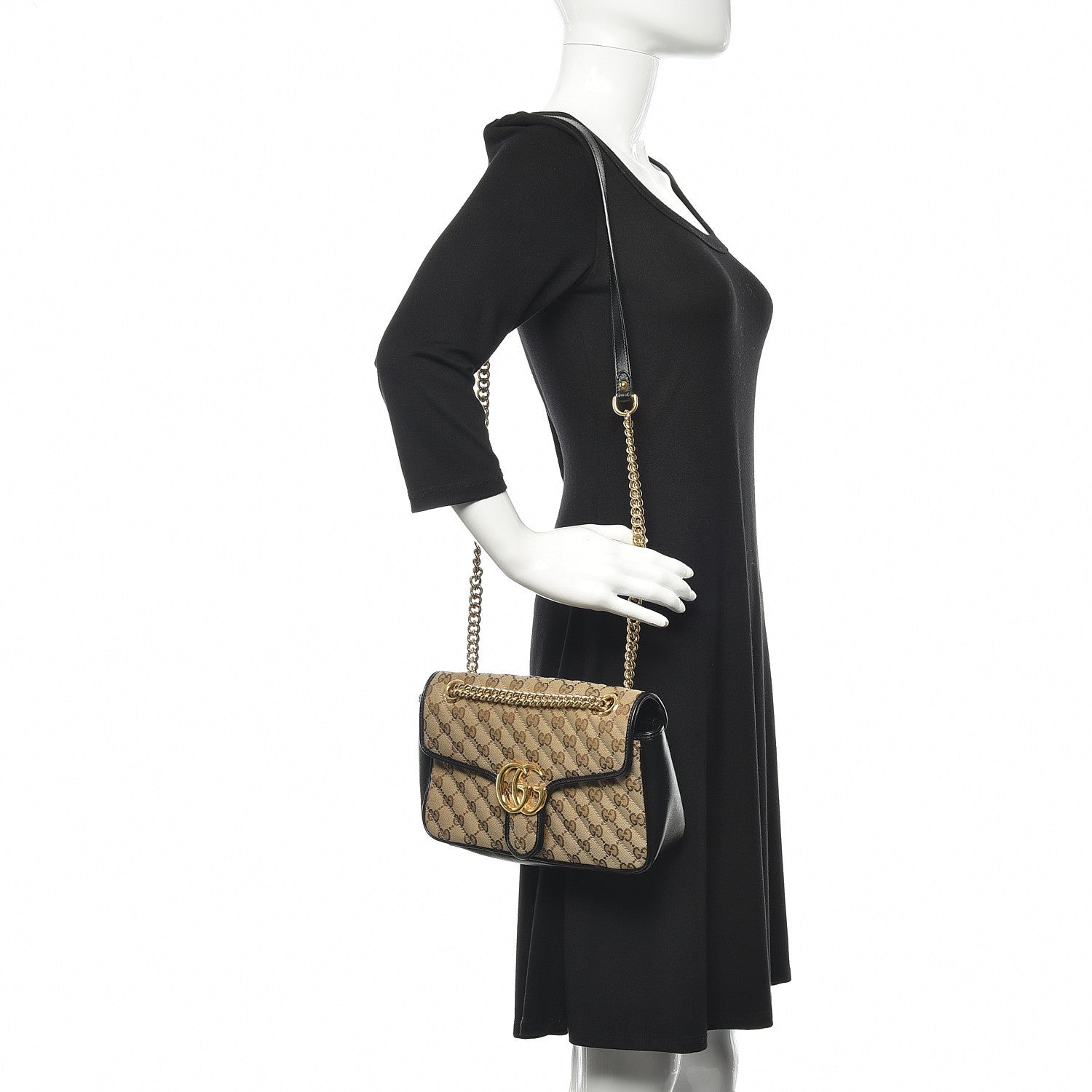 Gucci Monogram Matelasse Diagonal Small GG Marmont Shoulder Bag Beige Black 2 of 14
