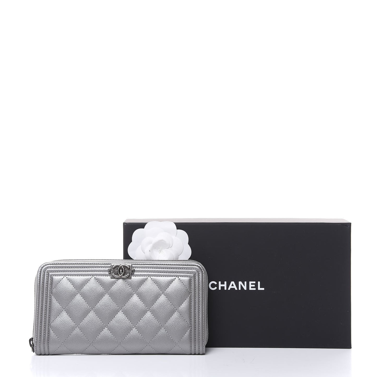Metallic Caviar Quilted Boy L-Gusset Zip Wallet Silver