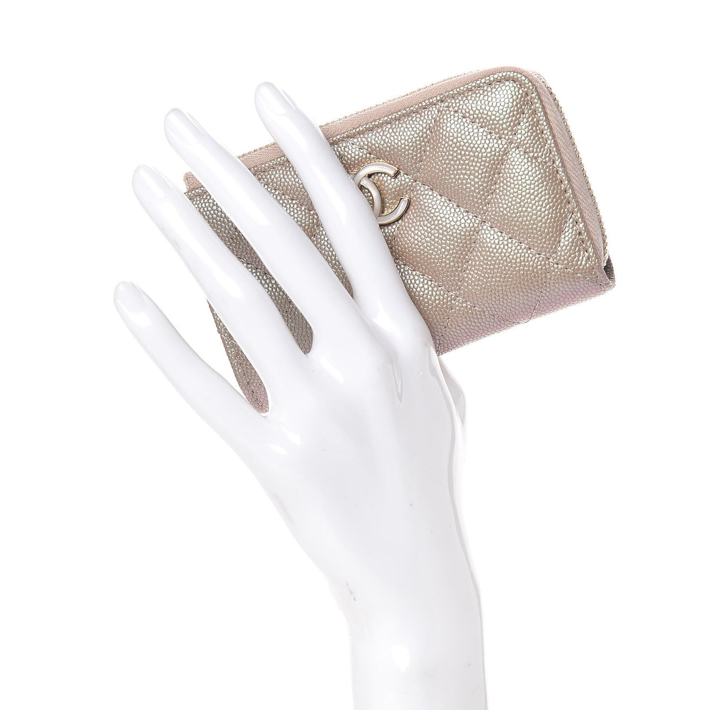 Iridescent Caviar Quilted Key Holder Case Light Gold