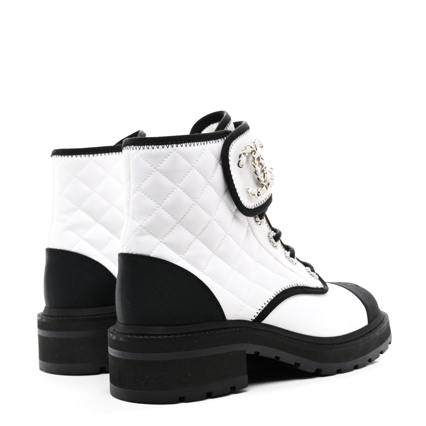 Fabric Grosgrain Quilted Cap Toe Lace Up Combat Boots 38.5 White Black