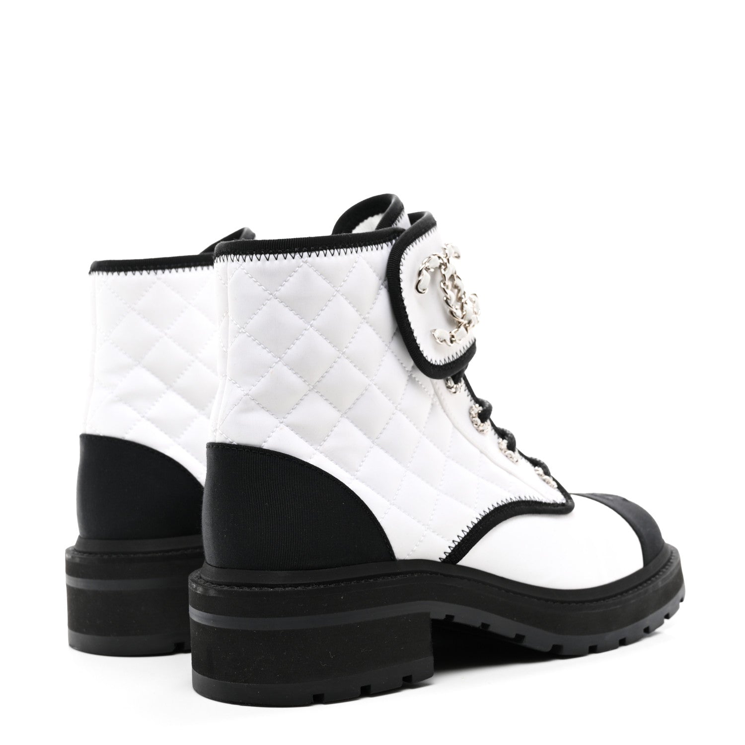 Chanel Fabric Grosgrain Quilted Cap Toe Lace Up Combat Boots 38.5 White Black 4 of 9