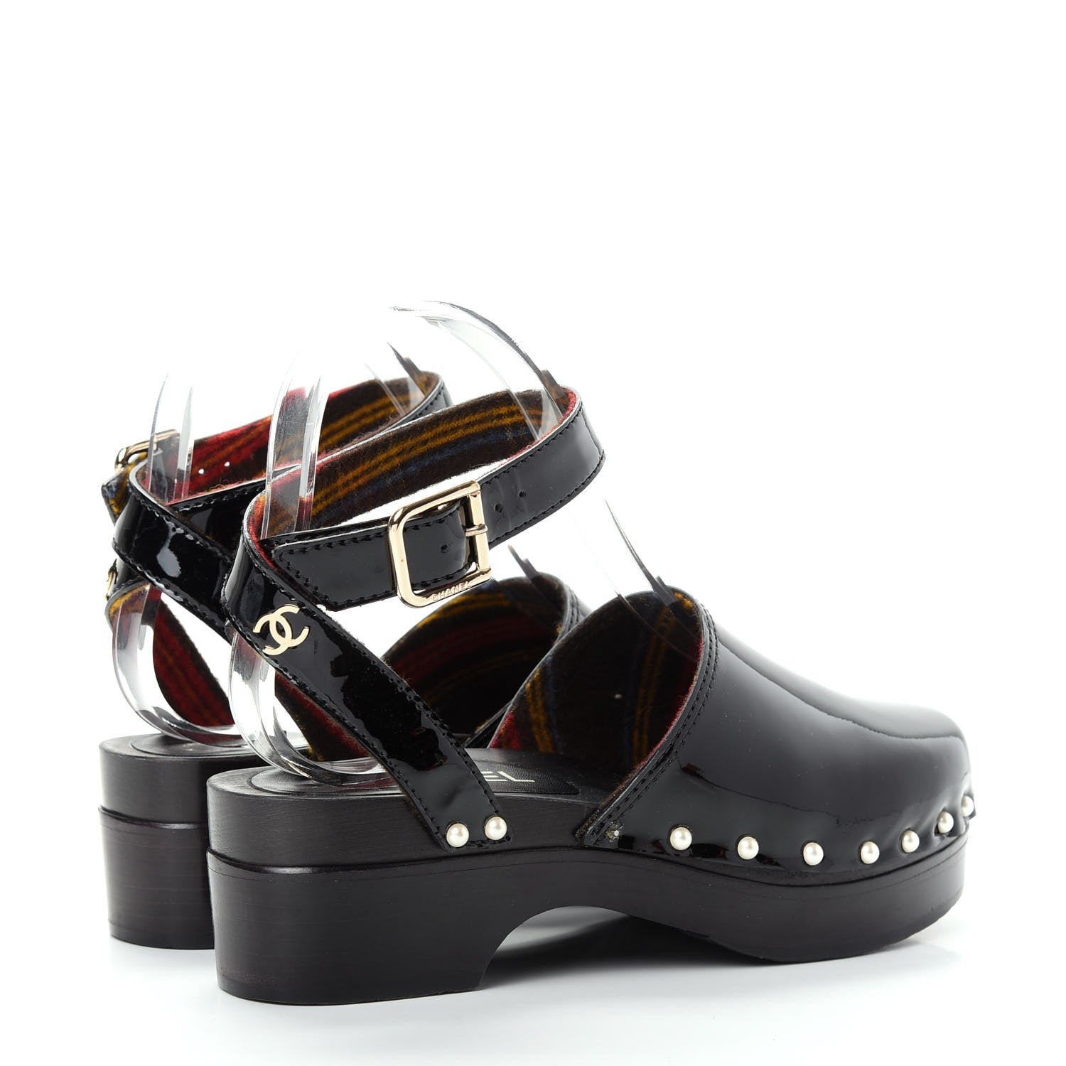 Chanel Patent Calfskin Pearl Ankle Strap Clogs 37 Black 4 of 10