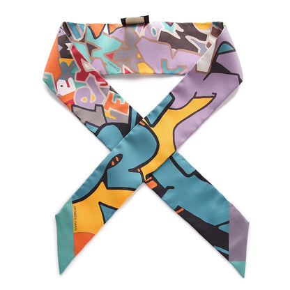 Hermes Silk Graff Graffiti Twilly Gris Blueete Mauve Jaune D'or 1 of 5