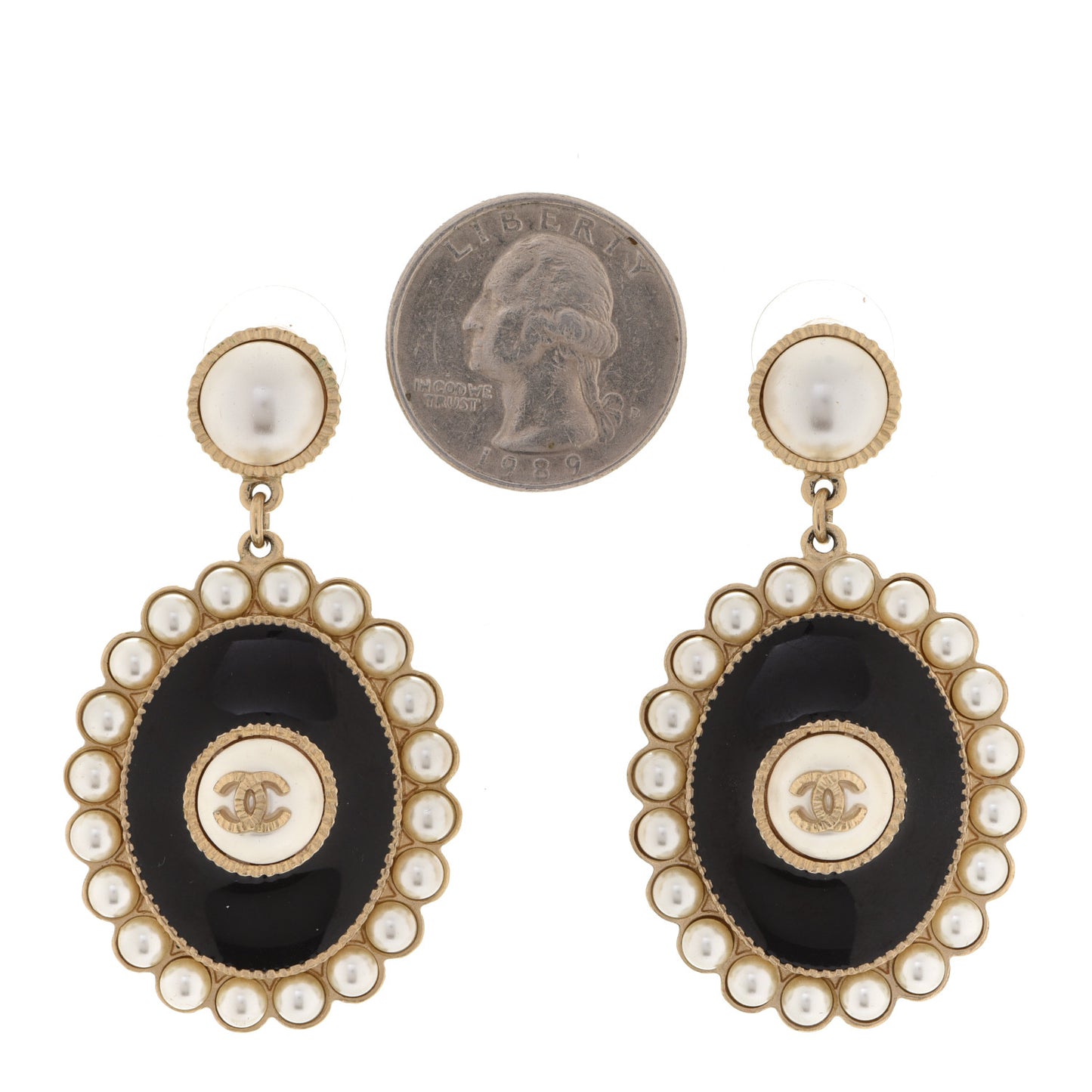Pearl Enamel CC Oval Drop Earrings Gold Black