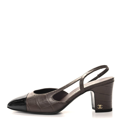 Chanel Calfskin Crocodile Embossed Patent Cap Toe CC Slingback Pumps 37.5 Chocolate Black 1 of 8