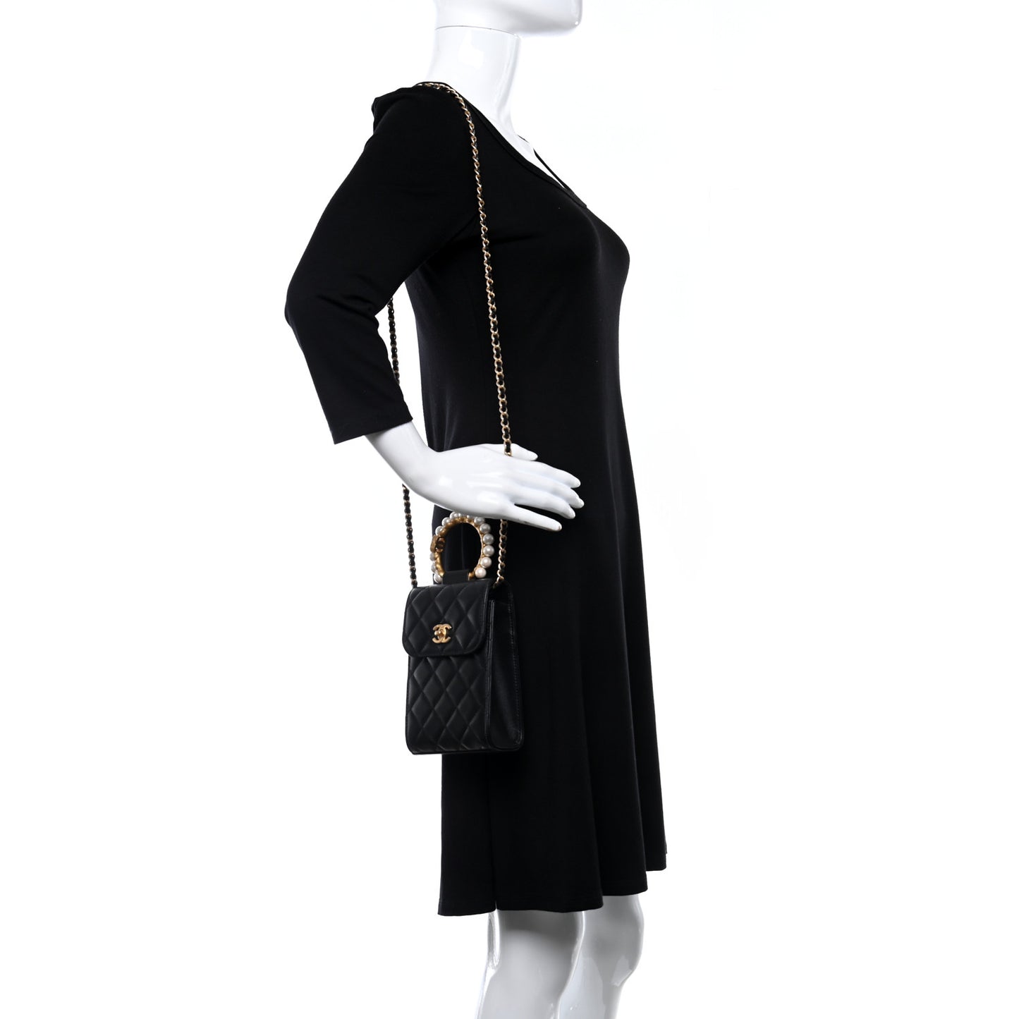 Lambskin Quilted Pearl Crown Phone Holder Black