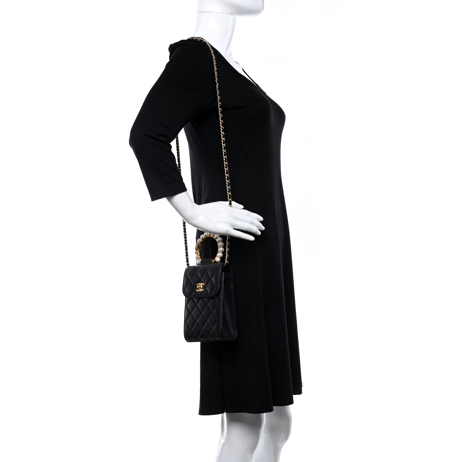 Chanel Lambskin Quilted Pearl Crown Phone Holder Black 2 of 10