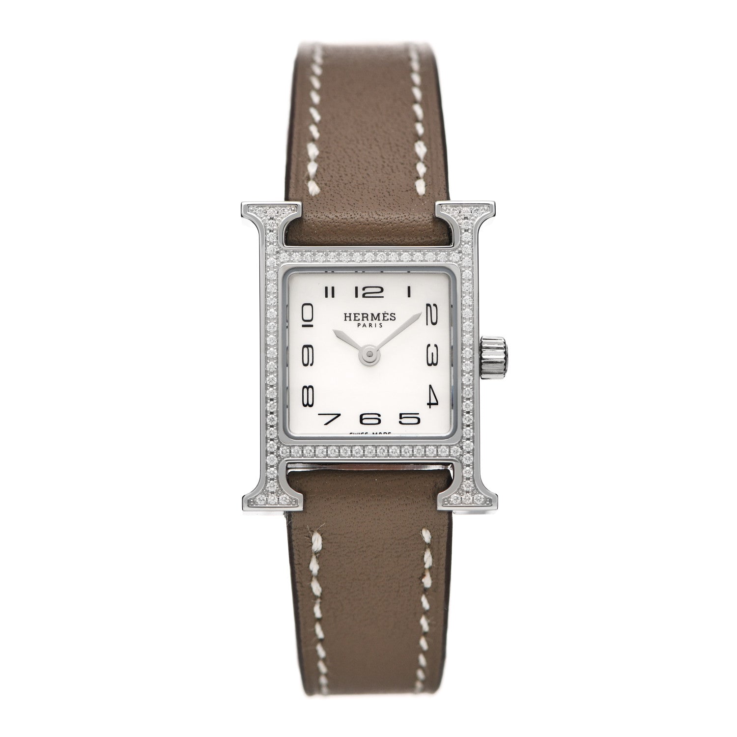 Hermes Stainless Steel Swift Diamond Bezel Mother of Pearl 17.2mm Heure H Hour Quartz Watch Etoupe 1 of 5