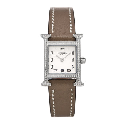 Hermes Stainless Steel Swift Diamond Bezel Mother of Pearl 17.2mm Heure H Hour Quartz Watch Etoupe 1 of 5