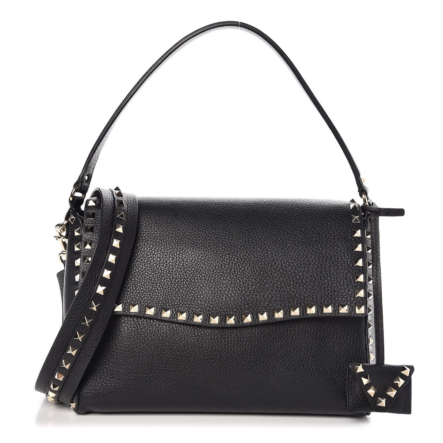 Pebbled Calfskin Rockstud Top Handle Shoulder Bag Black