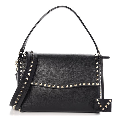 Valentino Garavani Pebbled Calfskin Rockstud Top Handle Shoulder Bag Black 1 of 9