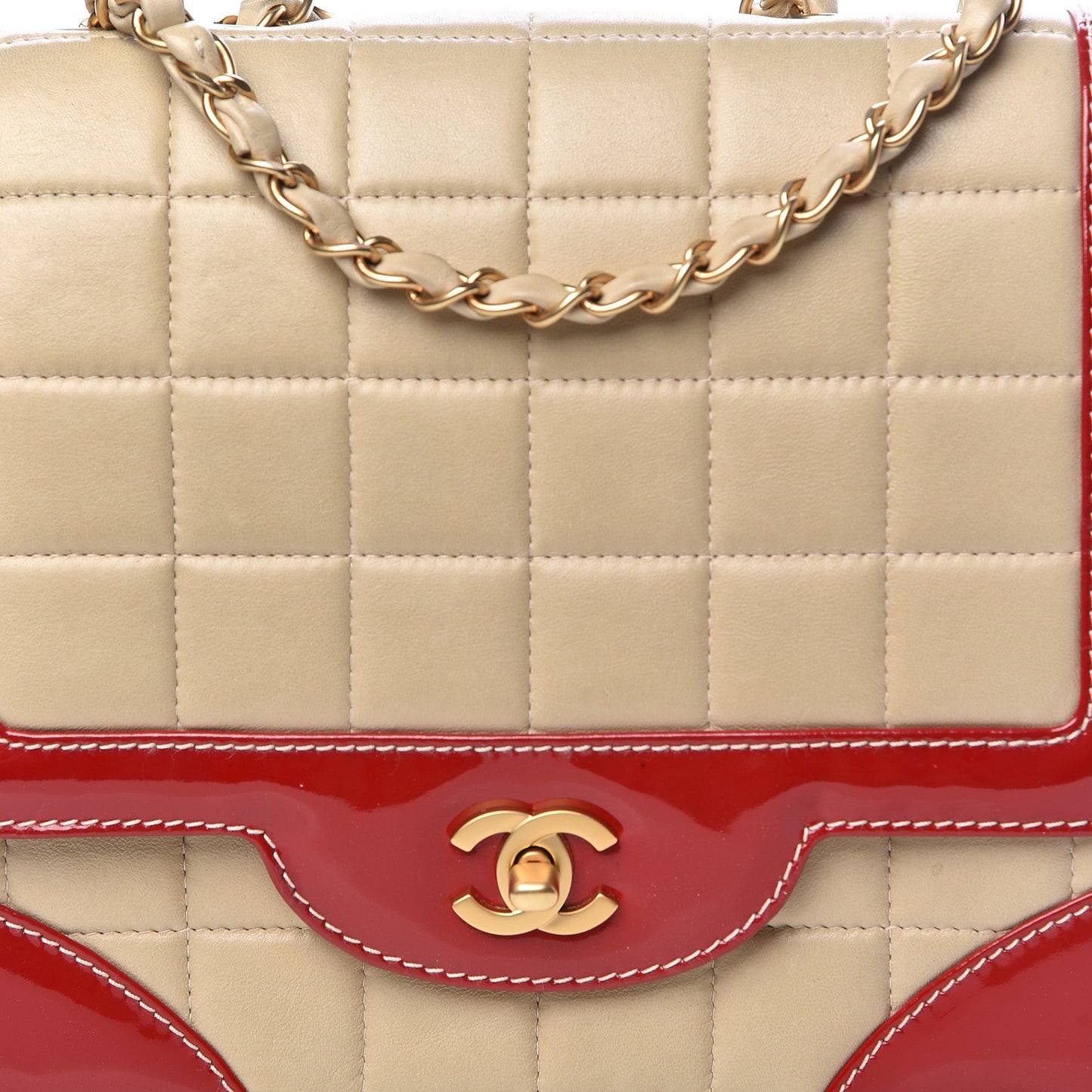 Lambskin Patent Chocolate Bar Flap Beige Red