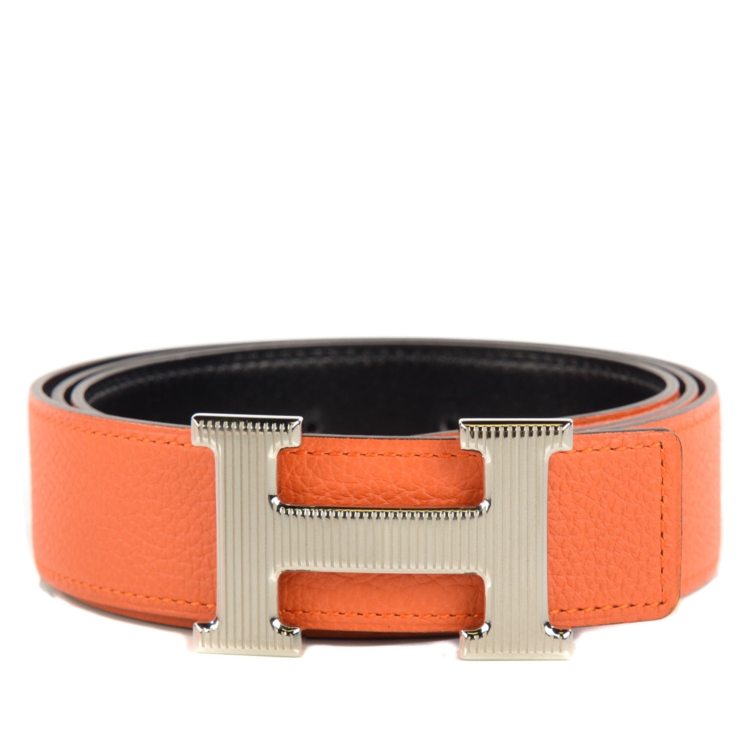Hermes Box Togo 32mm Calandre H Belt 95 Black Orange 1 of 9