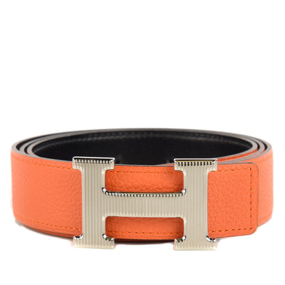 Hermes Box Togo 32mm Calandre H Belt 95 Black Orange 1 of 9