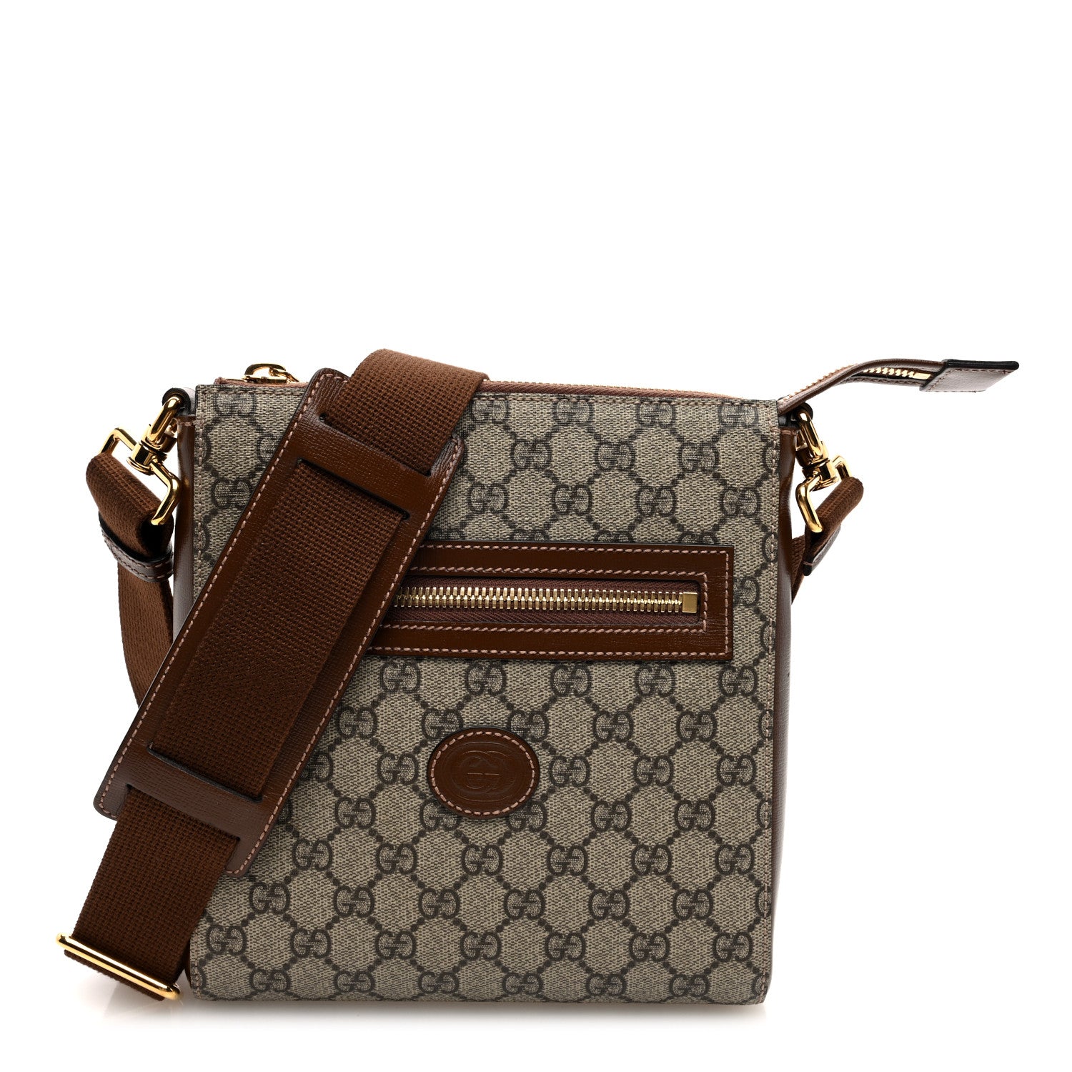 Gucci GG Supreme Monogram Azalea Calfskin Retro Interlocking G Flat Messenger Bag Beige Ebony Brown Sugar 1 of 9