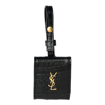 Saint Laurent Calfskin Crocodile Embossed Monogram Airpods Case Black 1 of 6
