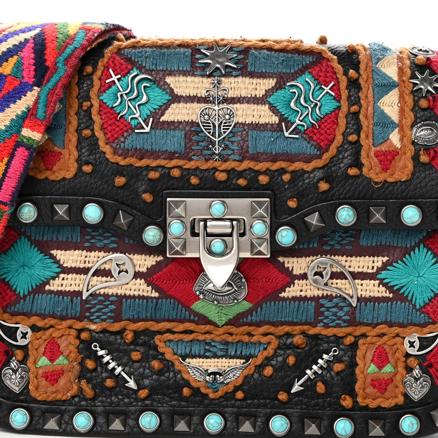 Valentino Garavani Calfskin Embroidered Medium Guitar Strap Rockstud Rolling Flap Saddle Bag Black 7 of 16