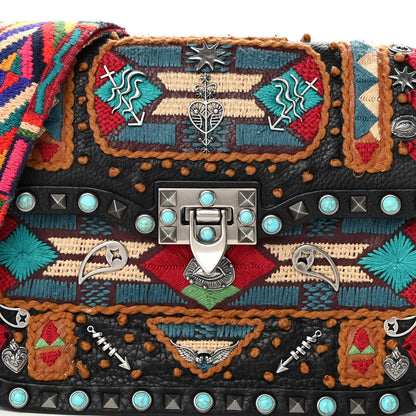 Valentino Garavani Calfskin Embroidered Medium Guitar Strap Rockstud Rolling Flap Saddle Bag Black 7 of 16