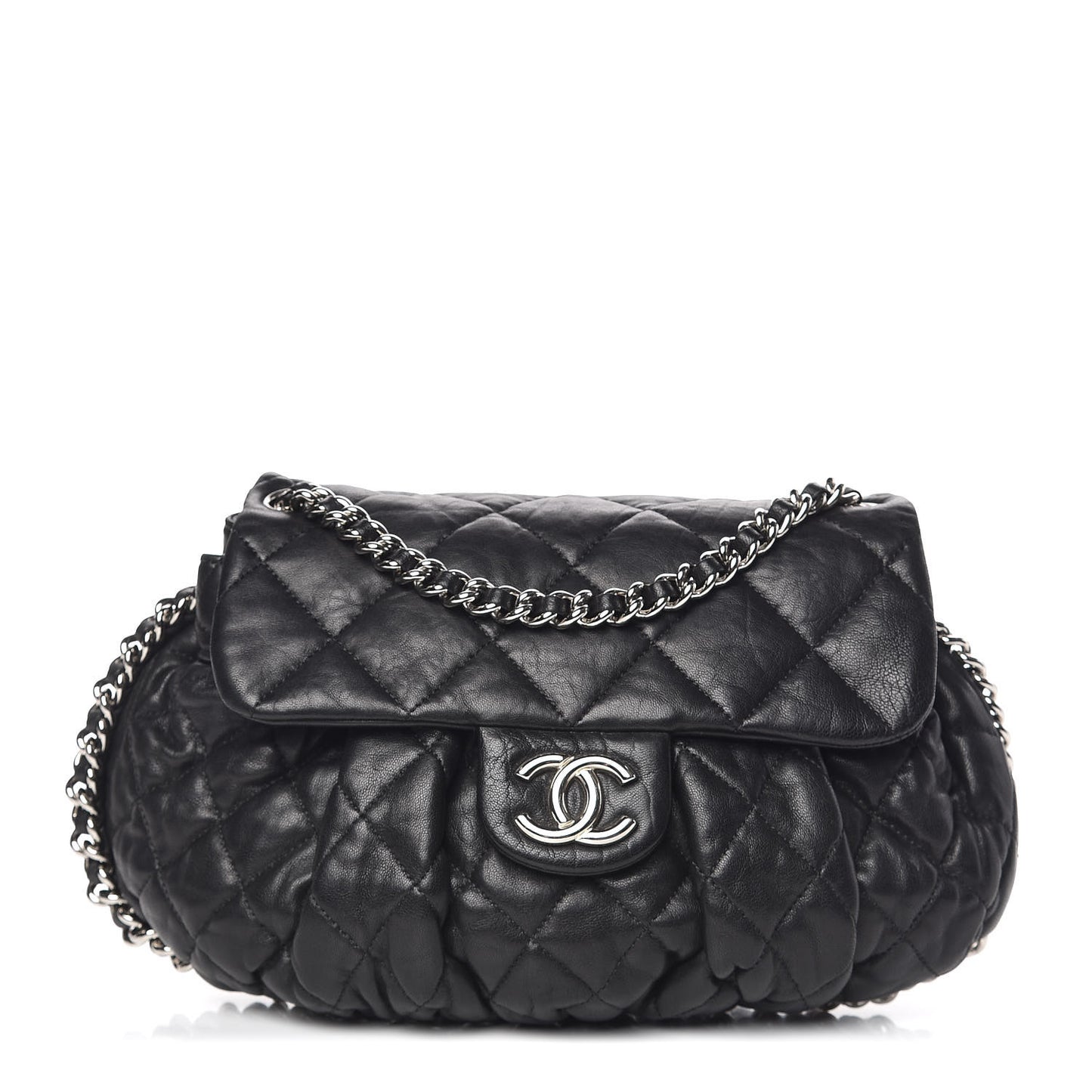 Washed Lambskin Quilted Medium Chain Around Messenger Black