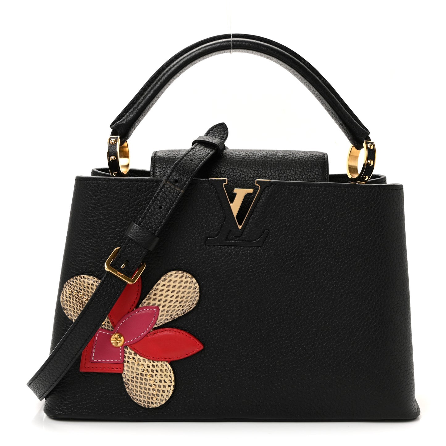 Taurillon Snakeskin Iris Blossom Capucines PM Black