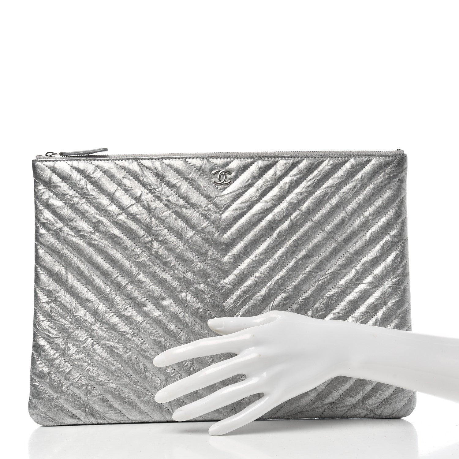 Chanel Metallic Crumpled Calfskin Chevron Quilted Medium Cosmetic Case Silver 2 of 7