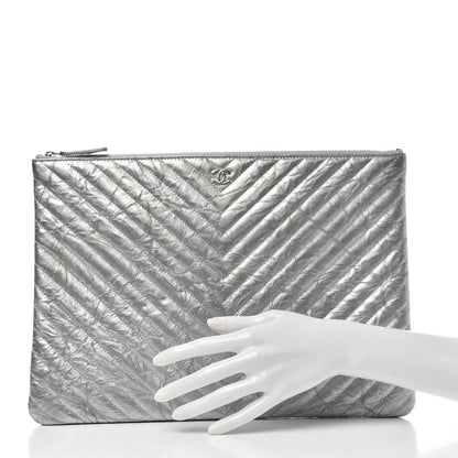 Chanel Metallic Crumpled Calfskin Chevron Quilted Medium Cosmetic Case Silver 2 of 7